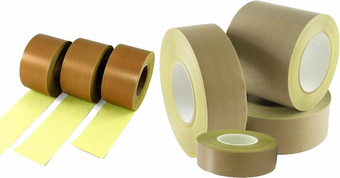 Four rolls of PTFE fiberglass fabrics adhesive tapes in yellow color
